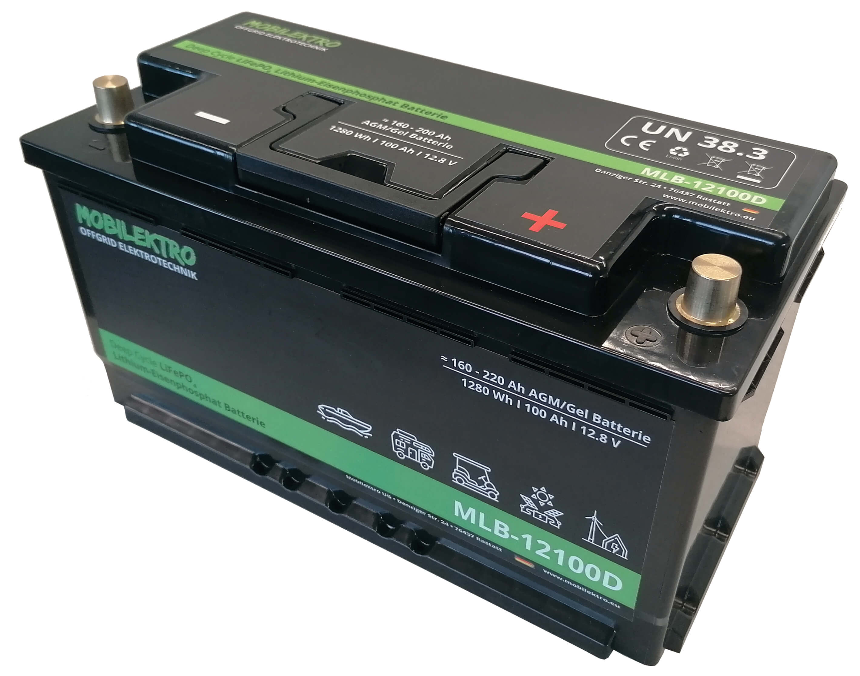 MOBILEKTRO® LiFePO4 100Ah 12V 1280Wh Lithium Versorgungsbatterie MLB-12100D  L5 DIN - MOBILEKTRO unabhängige Stromversorgung