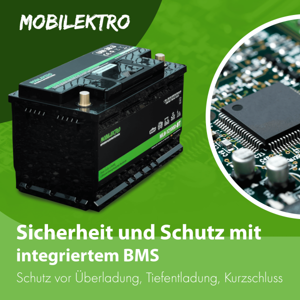 Sicherheit und Schutz mit integriertem BMS Schutz vor Überladung, Tiefentladung, Kurzschluss