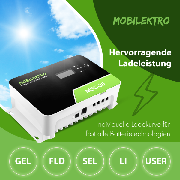MOBILEKTRO® MSC 30 MPPT Solar Laderegler 12V/24V - 30A Laderegler für maximale Effizienz 100V - Bluetooth