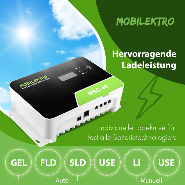 MOBILEKTRO® MSC 40 MPPT Solar Laderegler 12V/24V - 40A Laderegler für maximale Effizienz 100V - Bluetooth